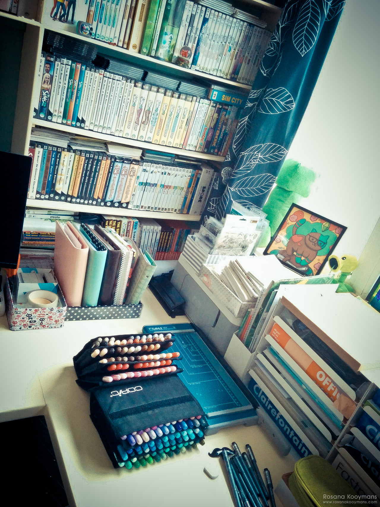 The left side of my main (computer) desk with my favourite games, one of my printers, some of my planners, Dahle guillotine and my Copics. 365 - February 15, 2017: studio office WWDWWD desk workplace workspace work